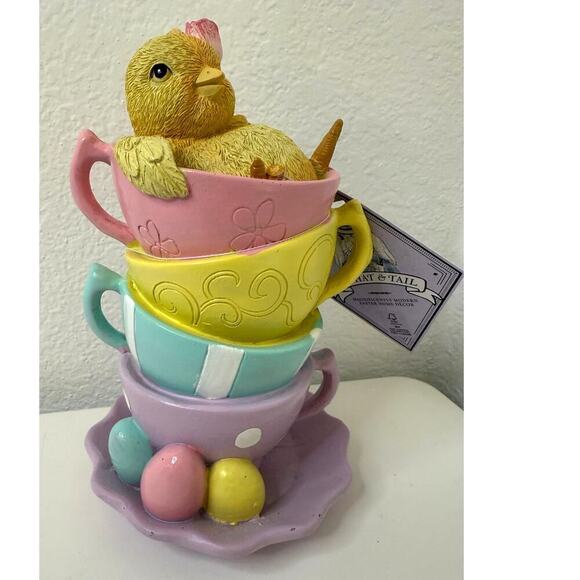 Tophat & Tail Easter Chick Inside Pastel Teacups Figurine Spring Tabletop Decor - Picture 2 of 5
